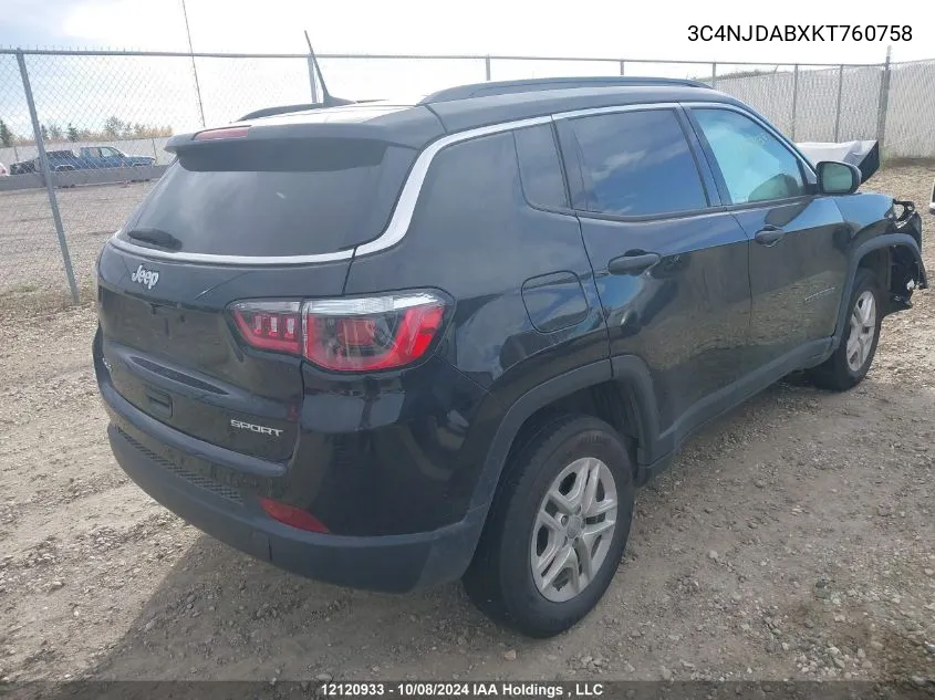 2019 Jeep Compass Sport VIN: 3C4NJDABXKT760758 Lot: 12120933