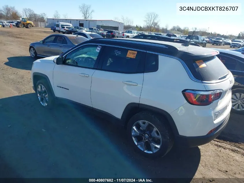 2019 Jeep Compass Limited 4X4 VIN: 3C4NJDCBXKT826707 Lot: 40807682