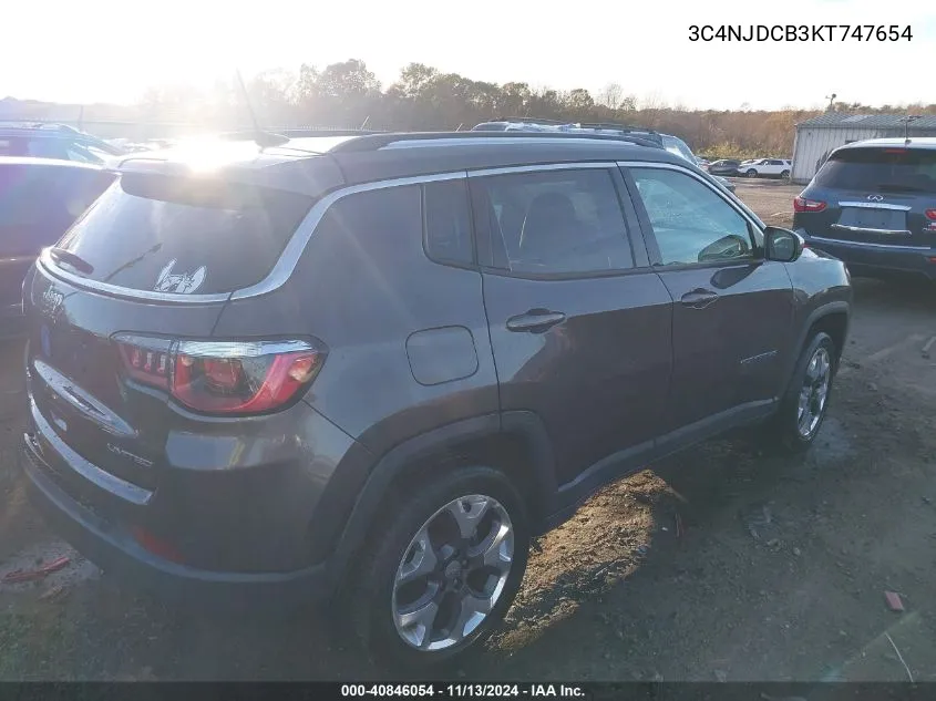 2019 Jeep Compass Limited 4X4 VIN: 3C4NJDCB3KT747654 Lot: 40846054