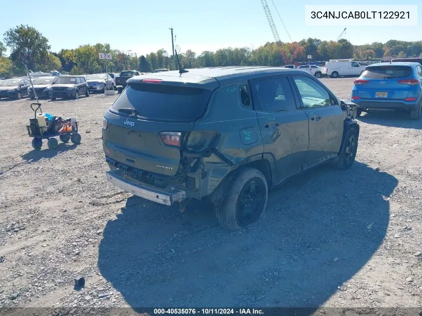 2020 Jeep Compass Sport Fwd VIN: 3C4NJCAB0LT122921 Lot: 40535076