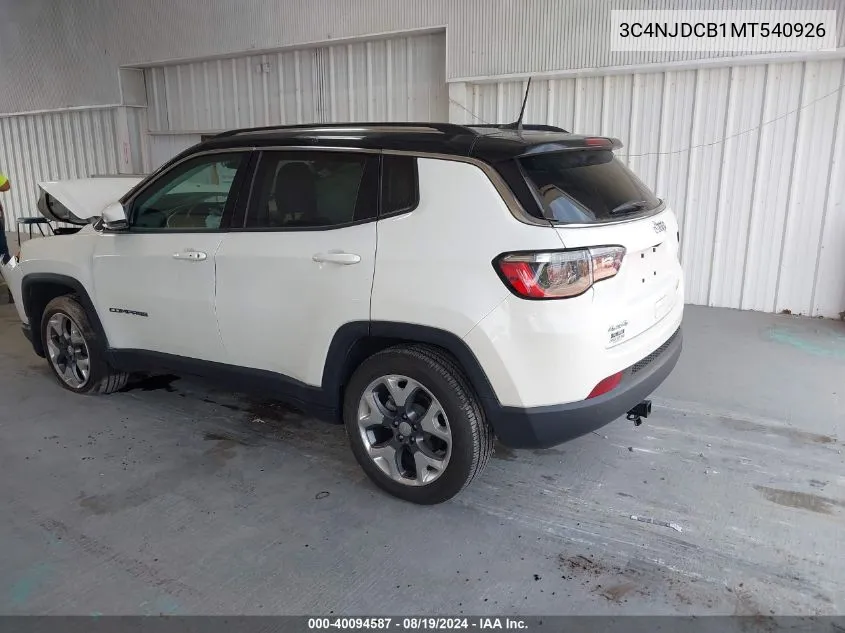 2021 Jeep Compass Limited 4X4 VIN: 3C4NJDCB1MT540926 Lot: 40094587