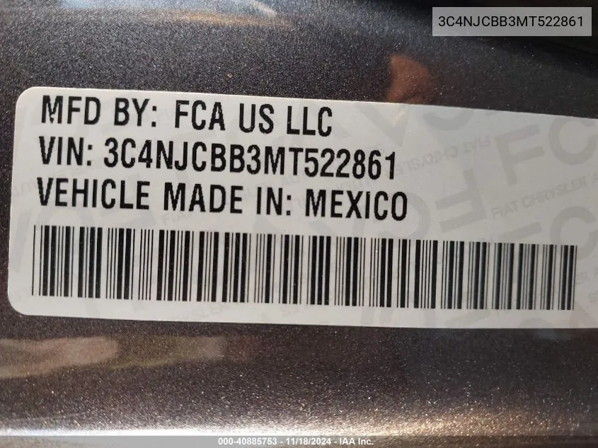 2021 Jeep Compass Latitude Fwd VIN: 3C4NJCBB3MT522861 Lot: 40885753