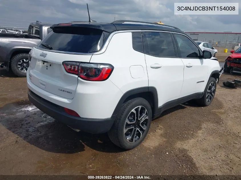 2022 Jeep Compass Limited 4X4 VIN: 3C4NJDCB3NT154008 Lot: 39263822