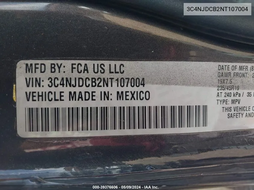 2022 Jeep Compass Limited 4X4 VIN: 3C4NJDCB2NT107004 Lot: 39376606