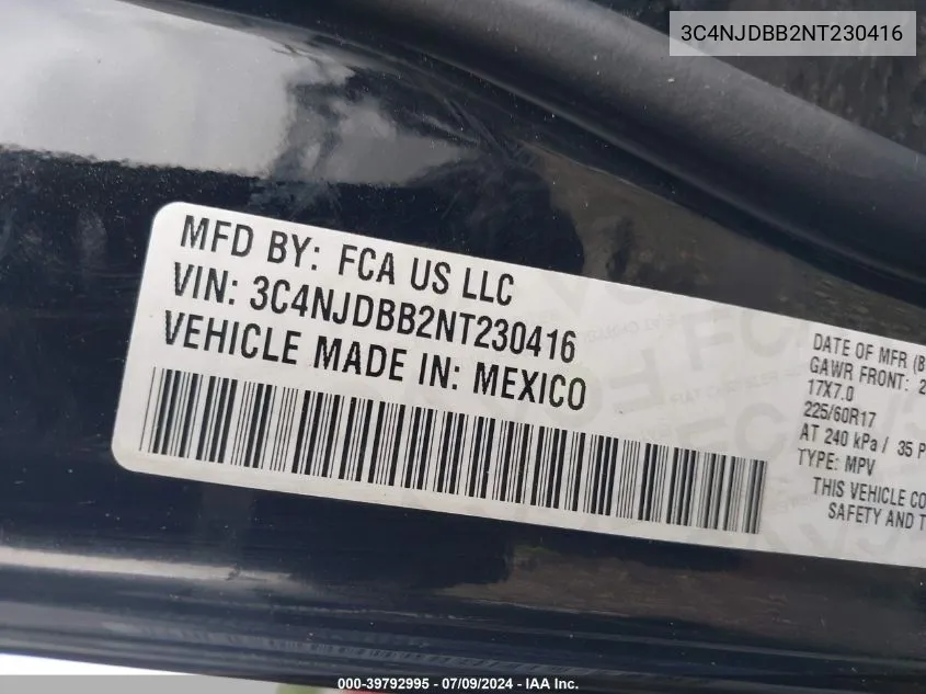 2022 Jeep Compass Latitude 4X4 VIN: 3C4NJDBB2NT230416 Lot: 39792995