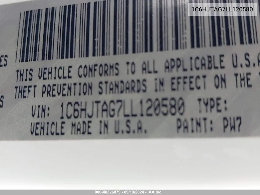 2020 Jeep Gladiator Sport VIN: 1C6HJTAG7LL120580 Lot: 40326879