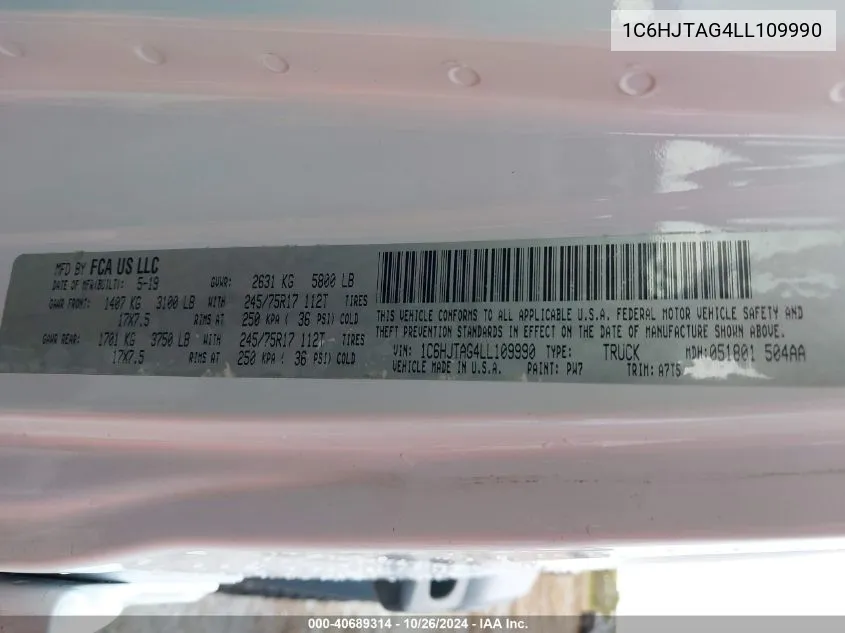 2020 Jeep Gladiator Sport S 4X4 VIN: 1C6HJTAG4LL109990 Lot: 40689314