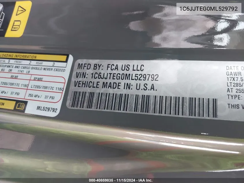 2021 Jeep Gladiator VIN: 1C6JJTEG0ML529792 Lot: 40859835