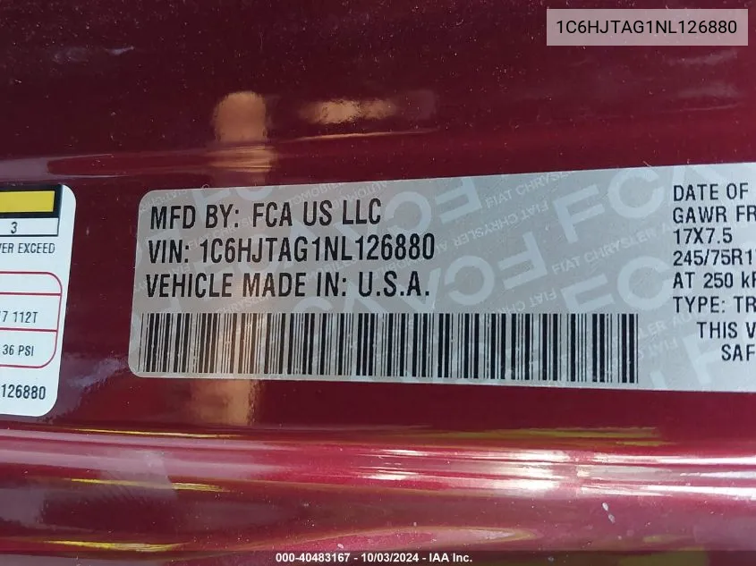 2022 Jeep Gladiator Sport S 4X4 VIN: 1C6HJTAG1NL126880 Lot: 40483167