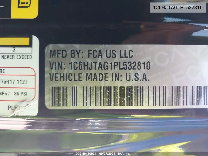 2023 Jeep Gladiator Sport S 4X4 VIN: 1C6HJTAG1PL532810 Lot: 40460931