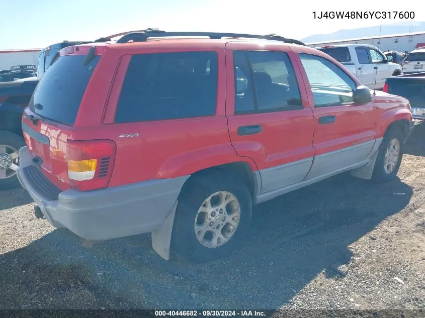 2000 Jeep Grand Cherokee Laredo VIN: 1J4GW48N6YC317600 Lot: 40446682