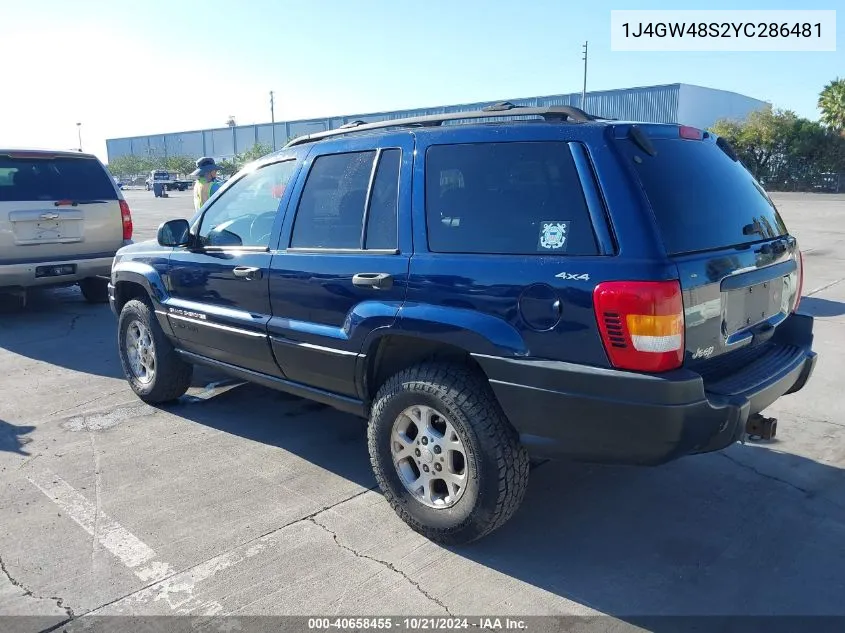 2000 Jeep Grand Cherokee Laredo VIN: 1J4GW48S2YC286481 Lot: 40658455