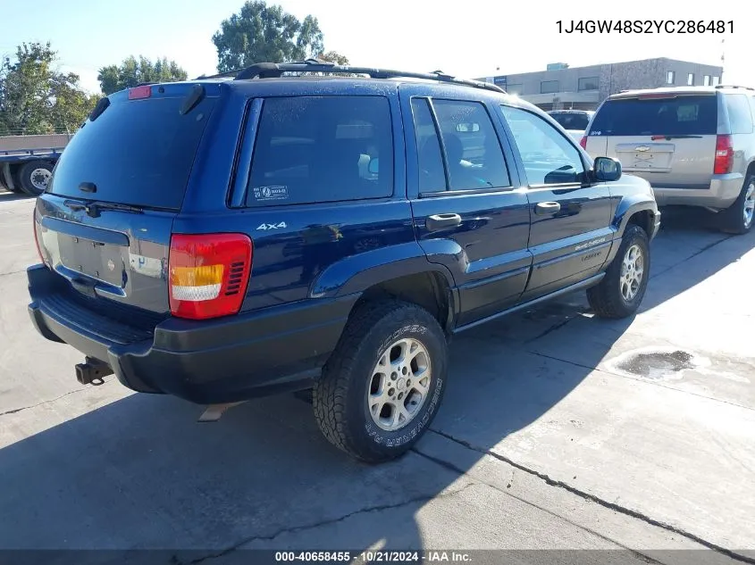 2000 Jeep Grand Cherokee Laredo VIN: 1J4GW48S2YC286481 Lot: 40658455