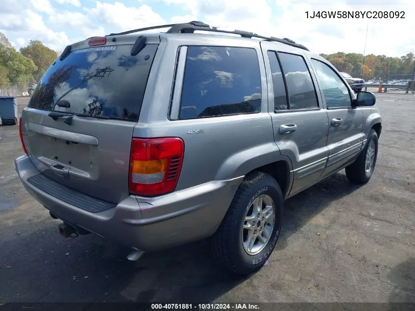 2000 Jeep Grand Cherokee Limited VIN: 1J4GW58N8YC208092 Lot: 40751881