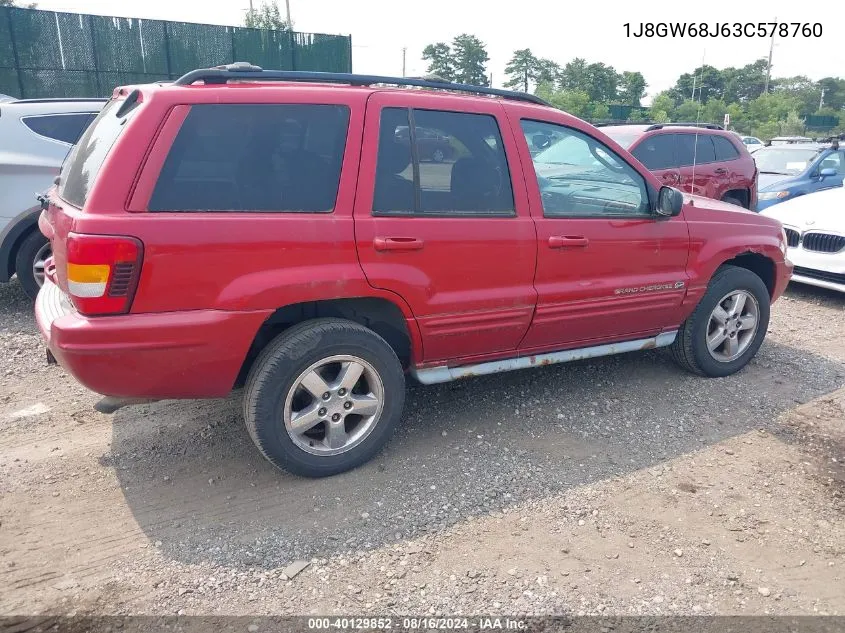 2003 Jeep Grand Cherokee Overland VIN: 1J8GW68J63C578760 Lot: 40129852