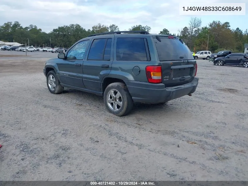 2003 Jeep Grand Cherokee Laredo VIN: 1J4GW48S33C608649 Lot: 40721402