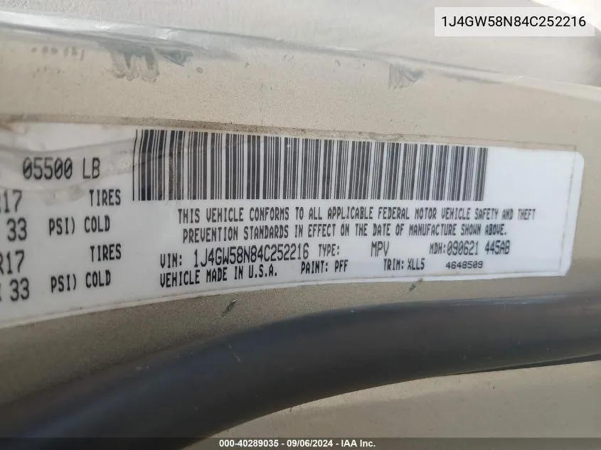 2004 Jeep Grand Cherokee Limited VIN: 1J4GW58N84C252216 Lot: 40289035