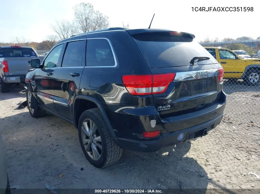 2012 Jeep Grand Cherokee Laredo VIN: 1C4RJFAGXCC351598 Lot: 40729626