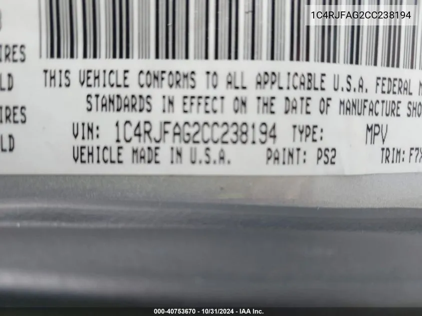 2012 Jeep Grand Cherokee Laredo VIN: 1C4RJFAG2CC238194 Lot: 40753670