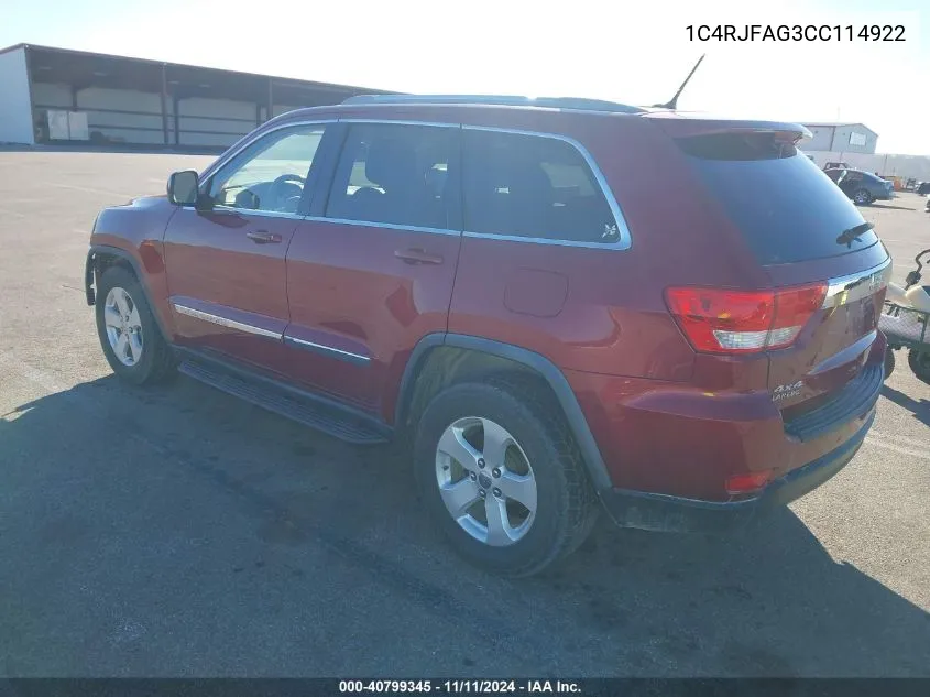 2012 Jeep Grand Cherokee Laredo VIN: 1C4RJFAG3CC114922 Lot: 40799345