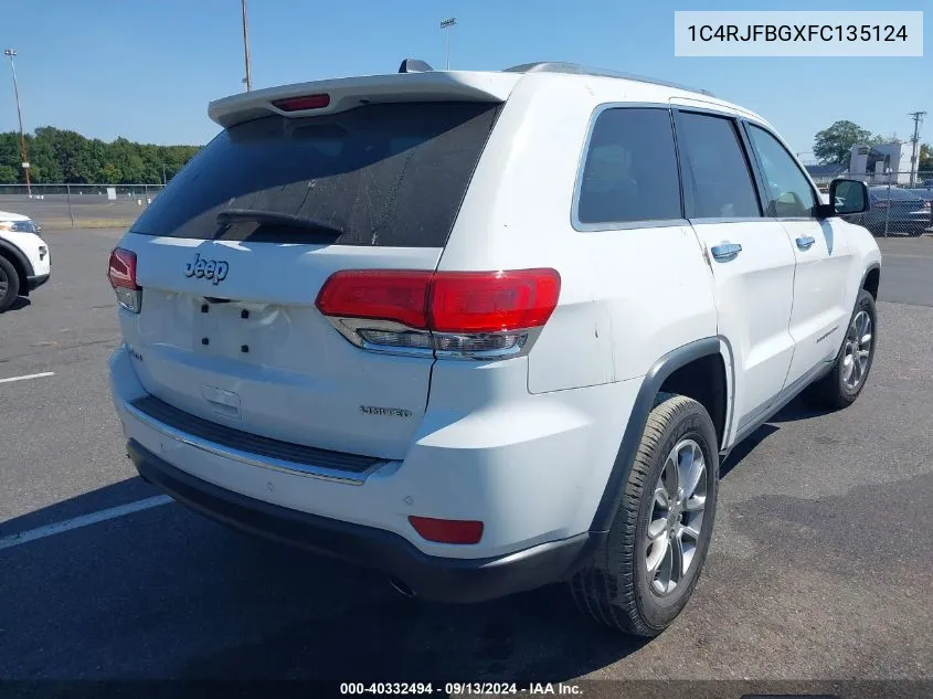 2015 Jeep Grand Cherokee Limited VIN: 1C4RJFBGXFC135124 Lot: 40332494