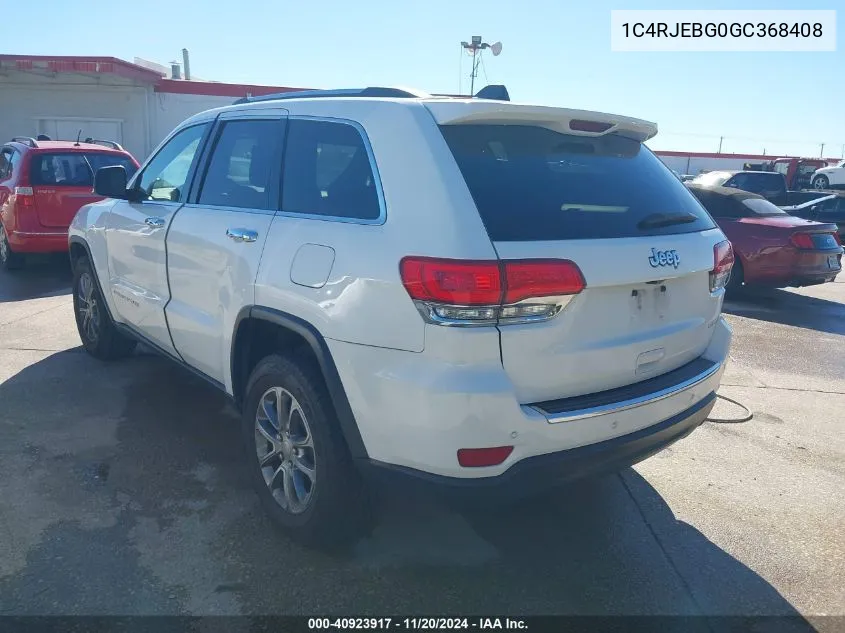 2016 Jeep Grand Cherokee Limited VIN: 1C4RJEBG0GC368408 Lot: 40923917