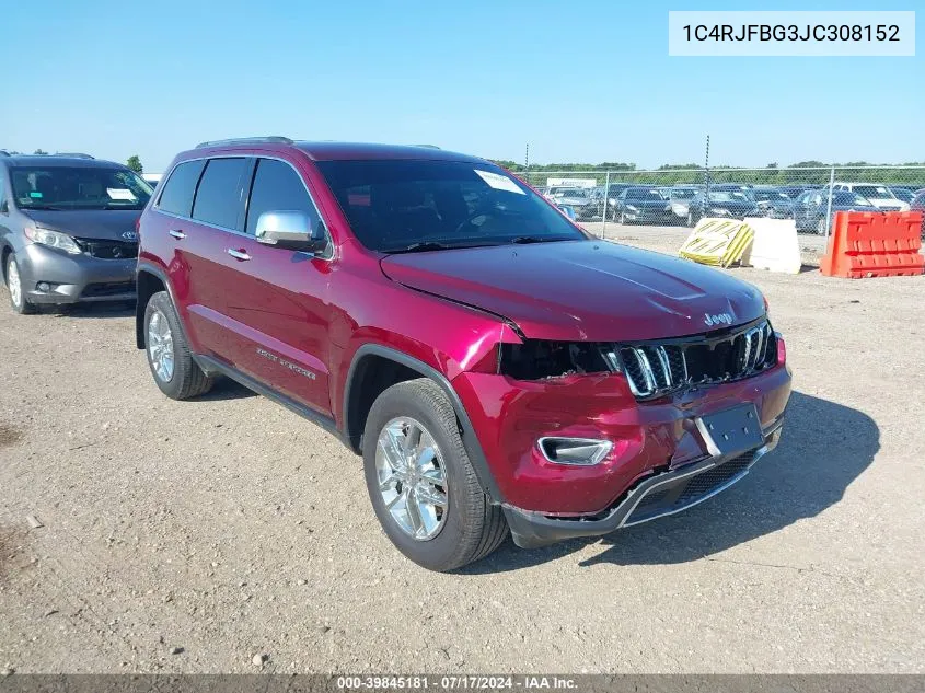 2018 Jeep Grand Cherokee Limited 4X4 VIN: 1C4RJFBG3JC308152 Lot: 39845181