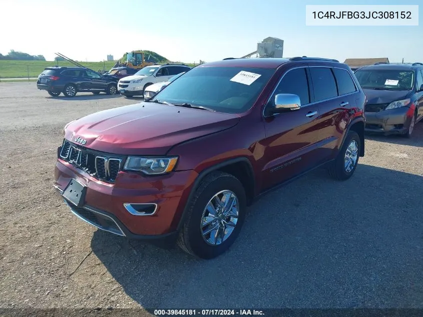 2018 Jeep Grand Cherokee Limited 4X4 VIN: 1C4RJFBG3JC308152 Lot: 39845181