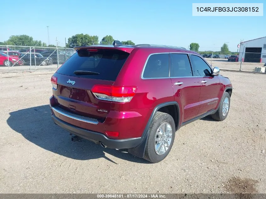 2018 Jeep Grand Cherokee Limited 4X4 VIN: 1C4RJFBG3JC308152 Lot: 39845181