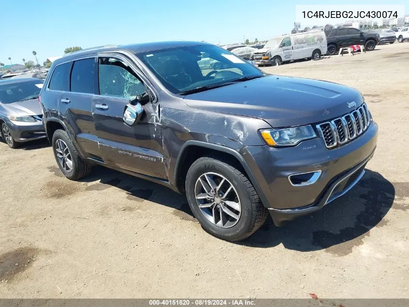 2018 Jeep Grand Cherokee Limited 4X2 VIN: 1C4RJEBG2JC430074 Lot: 40151820