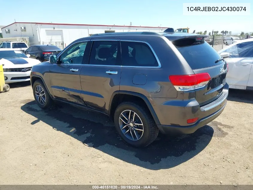 2018 Jeep Grand Cherokee Limited 4X2 VIN: 1C4RJEBG2JC430074 Lot: 40151820