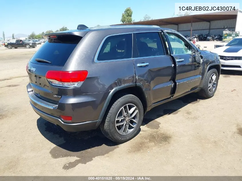 2018 Jeep Grand Cherokee Limited 4X2 VIN: 1C4RJEBG2JC430074 Lot: 40151820