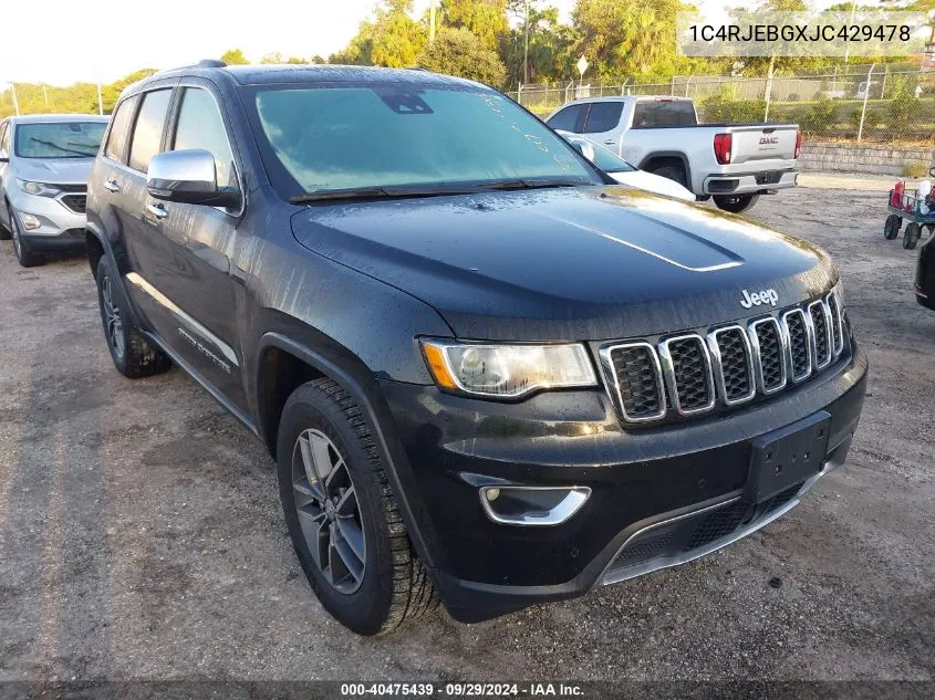 2018 Jeep Grand Cherokee Limited VIN: 1C4RJEBGXJC429478 Lot: 40475439