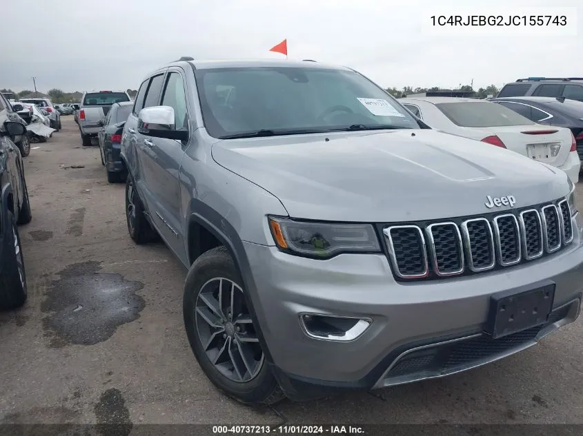 2018 Jeep Grand Cherokee Limited 4X2 VIN: 1C4RJEBG2JC155743 Lot: 40737213