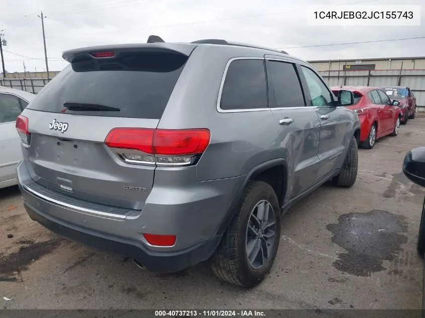 2018 Jeep Grand Cherokee Limited 4X2 VIN: 1C4RJEBG2JC155743 Lot: 40737213