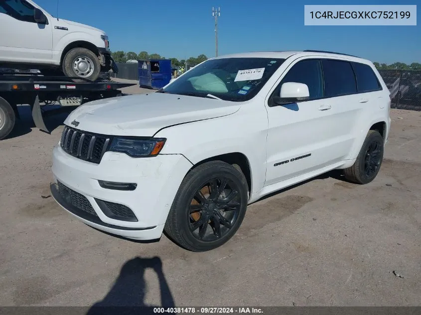 2019 Jeep Grand Cherokee High Altitude 4X2 VIN: 1C4RJECGXKC752199 Lot: 40381478