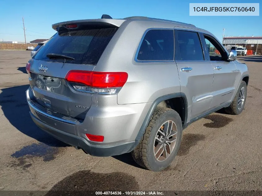 2019 Jeep Grand Cherokee Limited 4X4 VIN: 1C4RJFBG5KC760640 Lot: 40754536