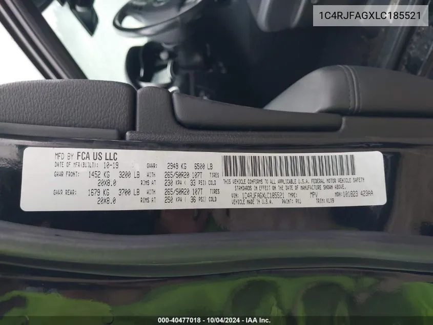 2020 Jeep Grand Cherokee Altitude 4X4 VIN: 1C4RJFAGXLC185521 Lot: 40477018