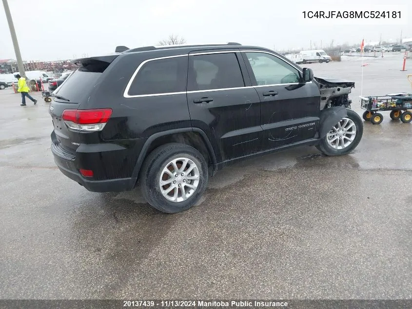 2021 Jeep Grand Cherokee Laredo VIN: 1C4RJFAG8MC524181 Lot: 20137439