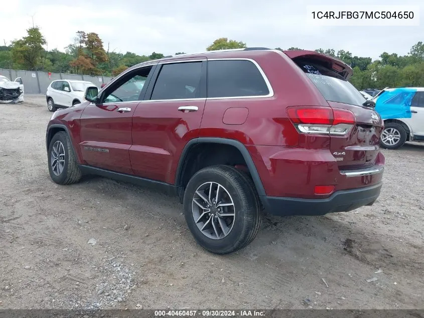 2021 Jeep Grand Cherokee Limited VIN: 1C4RJFBG7MC504650 Lot: 40460457