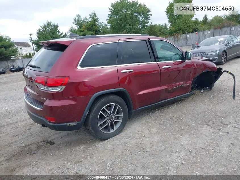 2021 Jeep Grand Cherokee Limited VIN: 1C4RJFBG7MC504650 Lot: 40460457