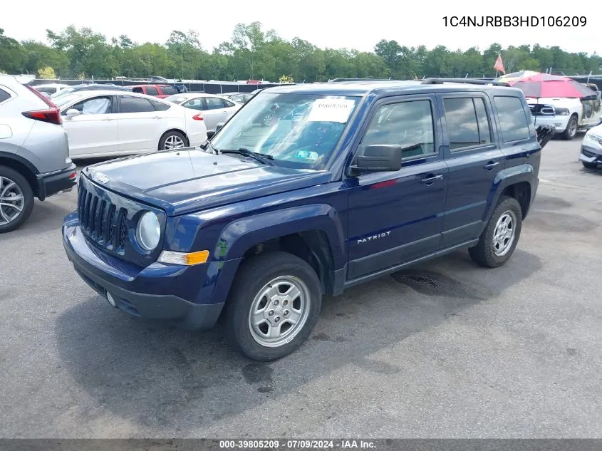 2017 Jeep Patriot Sport 4X4 VIN: 1C4NJRBB3HD106209 Lot: 39805209