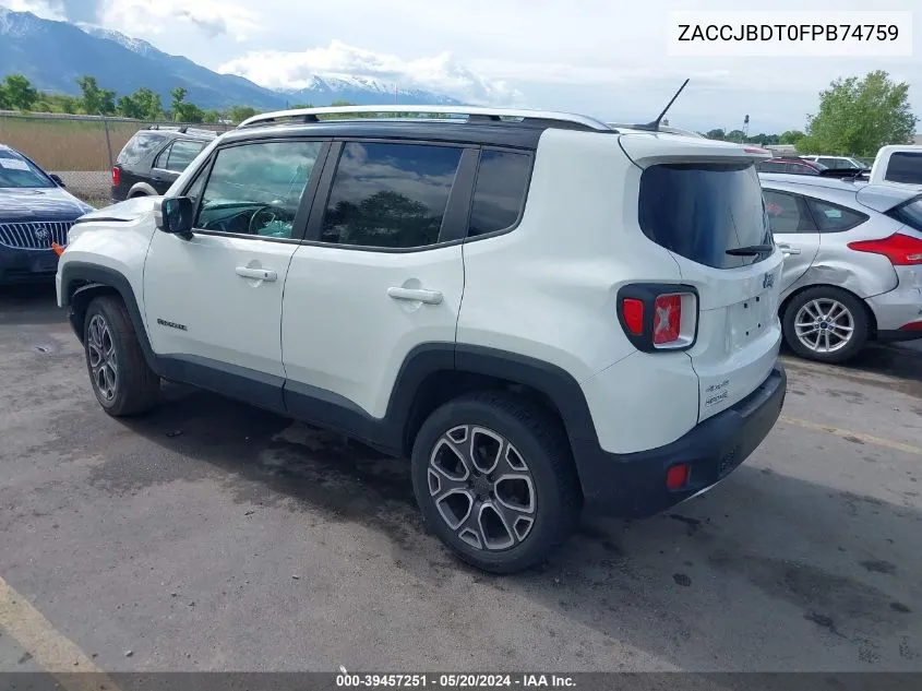 2015 Jeep Renegade Limited VIN: ZACCJBDT0FPB74759 Lot: 39457251