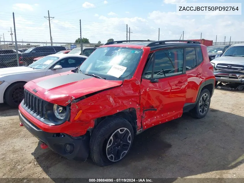 2016 Jeep Renegade Trailhawk VIN: ZACCJBCT5GPD92764 Lot: 39884895