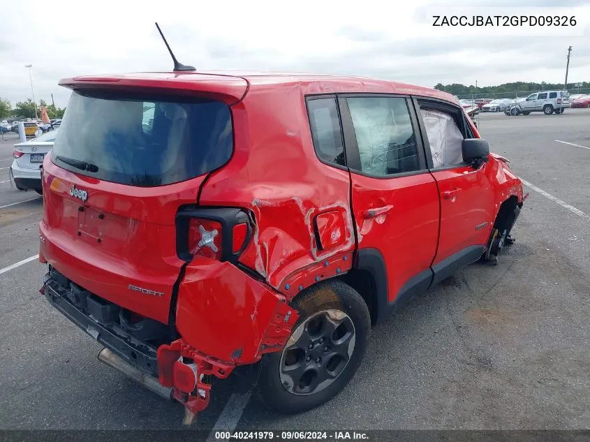 2016 Jeep Renegade Sport VIN: ZACCJBAT2GPD09326 Lot: 40241979