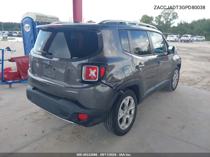 2016 Jeep Renegade Limited VIN: ZACCJADT3GPD80038 Lot: 40332566