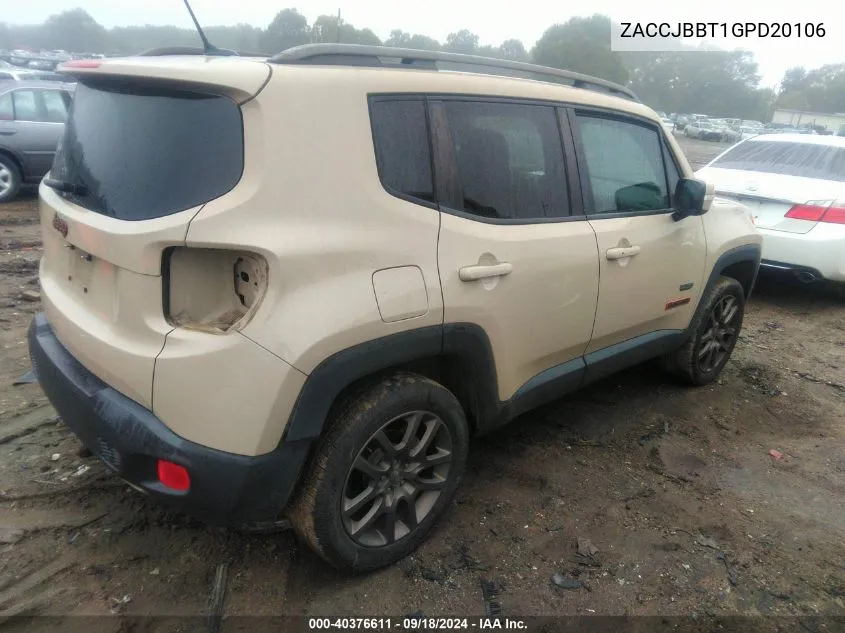 2016 Jeep Renegade Latitude VIN: ZACCJBBT1GPD20106 Lot: 40376611