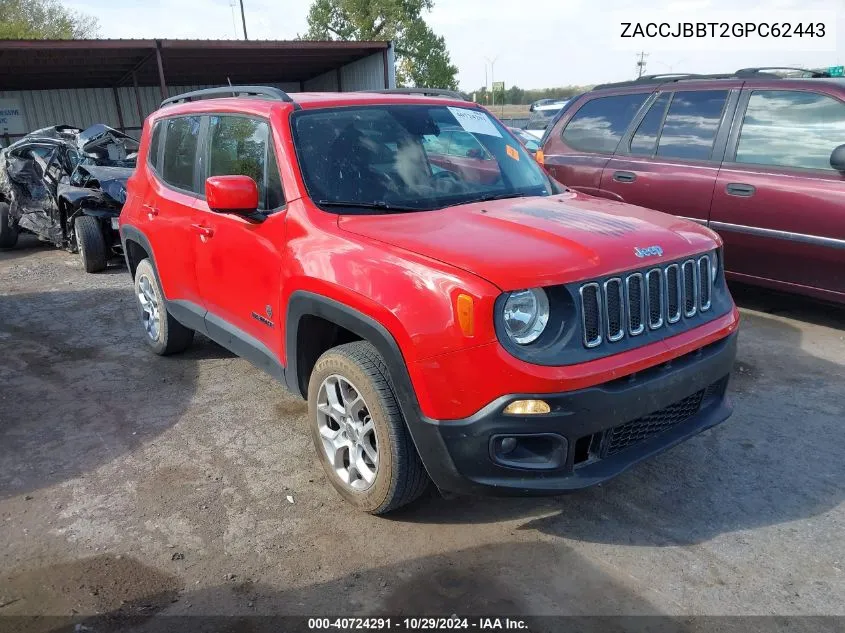 2016 Jeep Renegade Latitude VIN: ZACCJBBT2GPC62443 Lot: 40724291