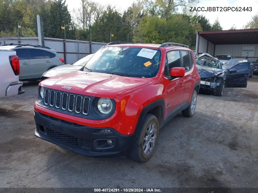 2016 Jeep Renegade Latitude VIN: ZACCJBBT2GPC62443 Lot: 40724291