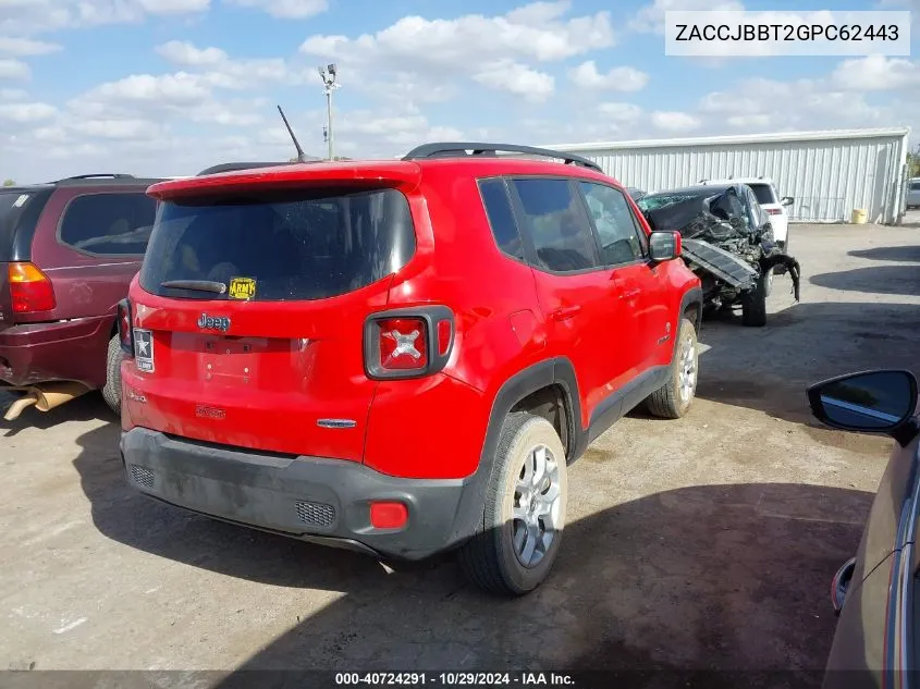 2016 Jeep Renegade Latitude VIN: ZACCJBBT2GPC62443 Lot: 40724291